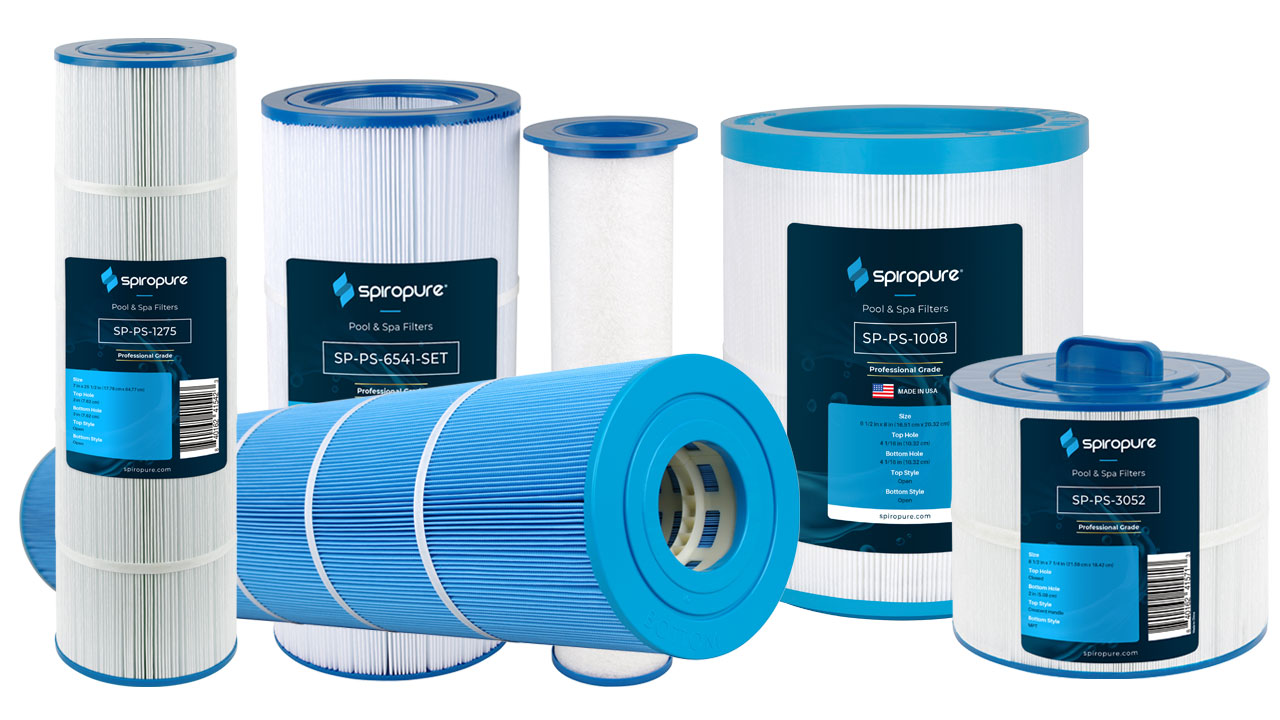 A selection of pleated pool and spa filters with white and blue pleated media and the SpiroPure brand logo on the labels.