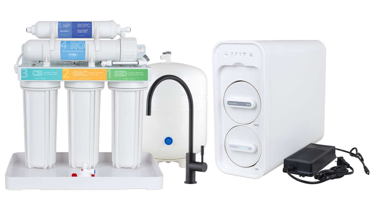 Comparative image of the traditional tank-based RO system showing the three filter cartridges and manifold head with membrane and final dual-stage filter next to a storage tank and faucet alongside a compact tankless RO that uses a booster pump plug in.