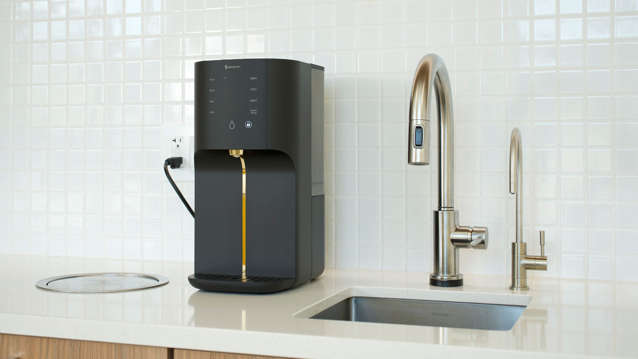 The SpiroPure SP-500, a stylish black countertop reverse osmosis system.