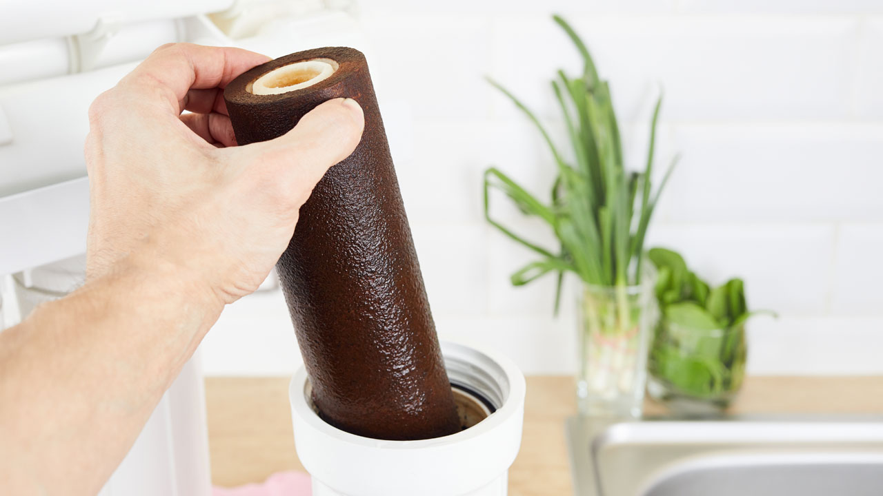 A dark brown sediment filter that needs replacing and filter housing