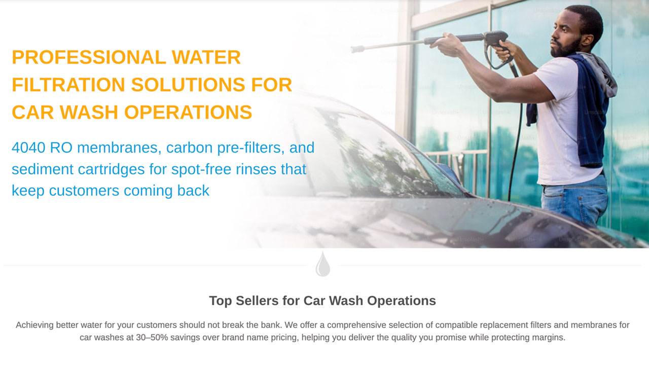 A man holds a rinse wand at a car wash onscreen text promotes SpiroPure's compatible commercial and industrial RO membranes