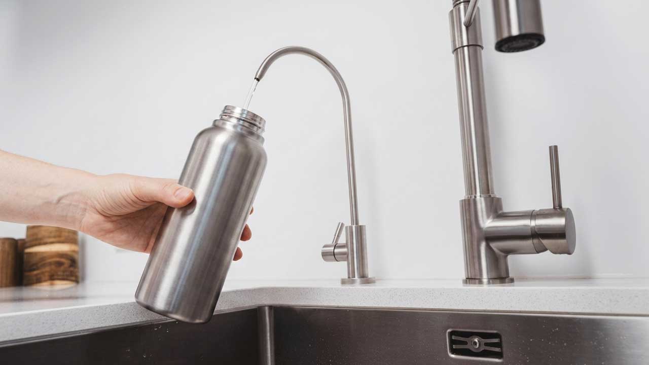 A hand holding a stainless steel bottle fills from a dedicated reverse osmosis drinking water faucet at a kitchen sink