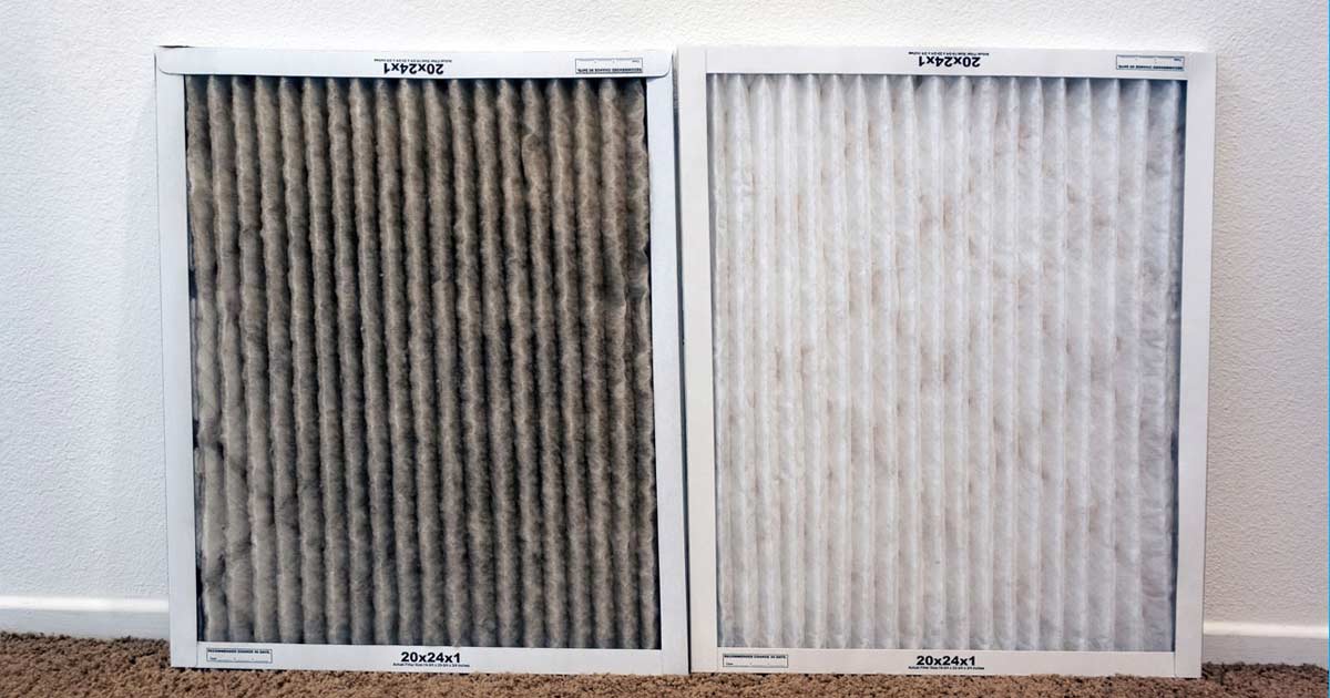 A dirty air or furnace filter on the left meets a clean replacement air or furnace filter on the right