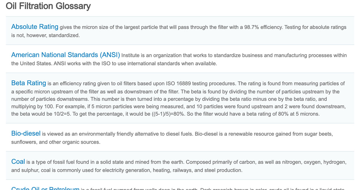 Oil Filtration Glossary / Fuel Terms